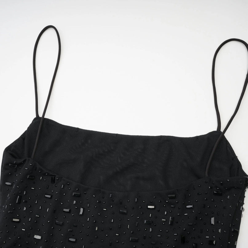 Axelle Black Sequin Embellished Midi Dress with Spaghetti Straps