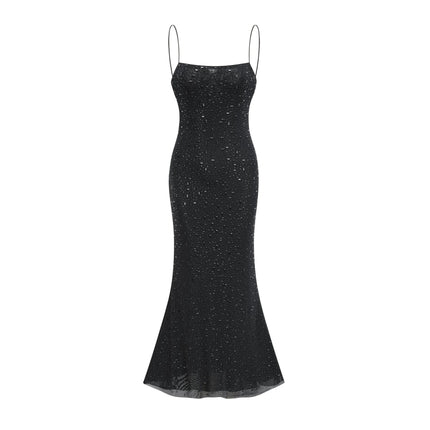 Axelle Black Sequin Embellished Midi Dress with Spaghetti Straps