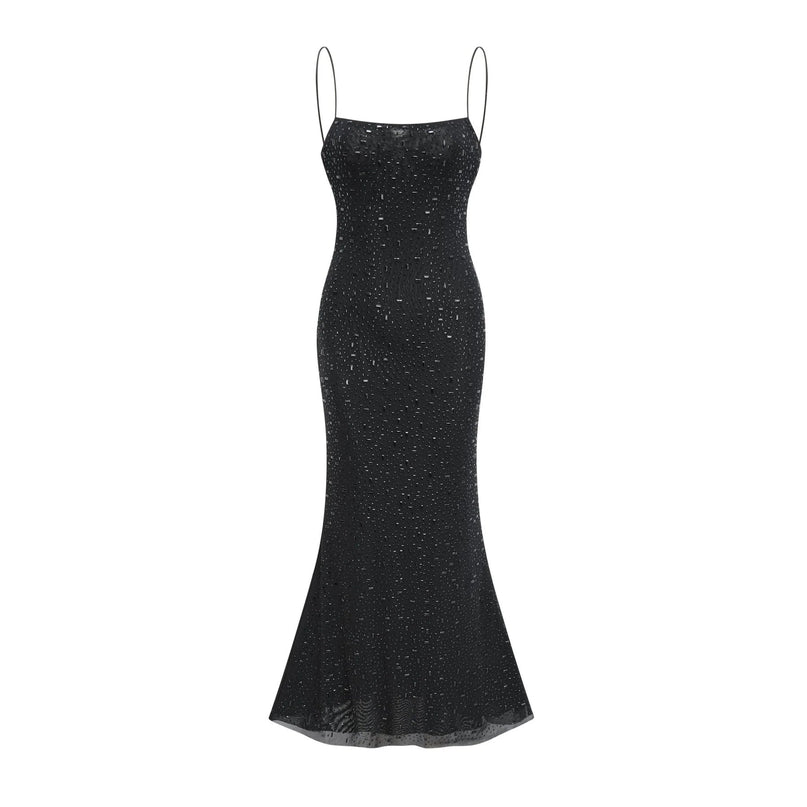 Axelle Black Sequin Embellished Midi Dress with Spaghetti Straps