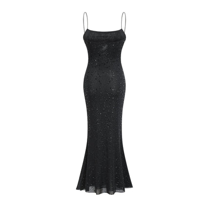 Axelle Black Sequin Embellished Midi Dress with Spaghetti Straps