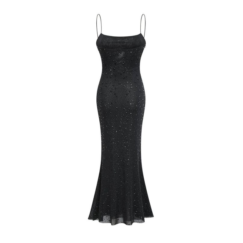 Axelle Black Sequin Embellished Midi Dress with Spaghetti Straps
