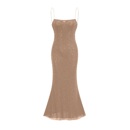 Axelle Black Sequin Embellished Midi Dress with Spaghetti Straps