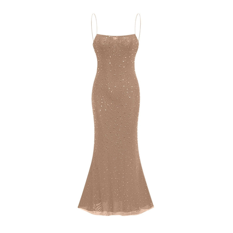 Axelle Black Sequin Embellished Midi Dress with Spaghetti Straps
