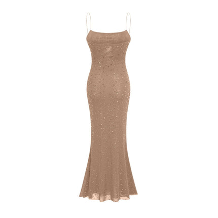 Axelle Black Sequin Embellished Midi Dress with Spaghetti Straps