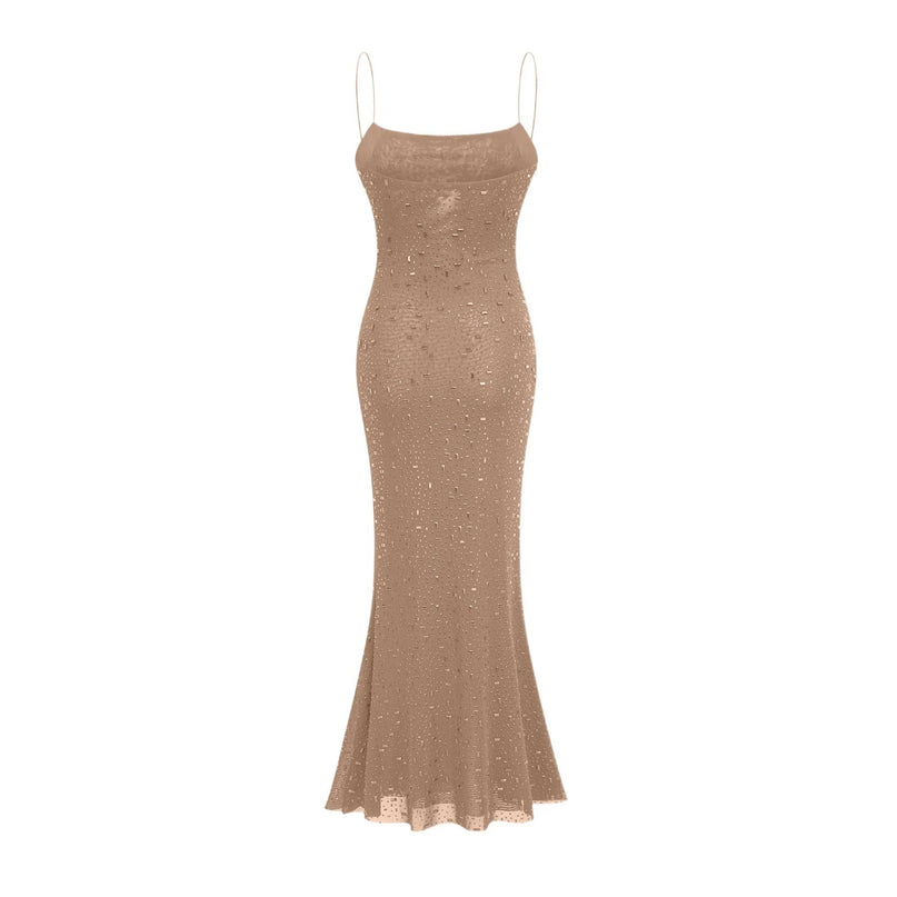Axelle Black Sequin Embellished Midi Dress with Spaghetti Straps
