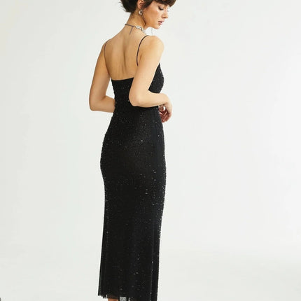 Axelle Black Sequin Embellished Midi Dress with Spaghetti Straps