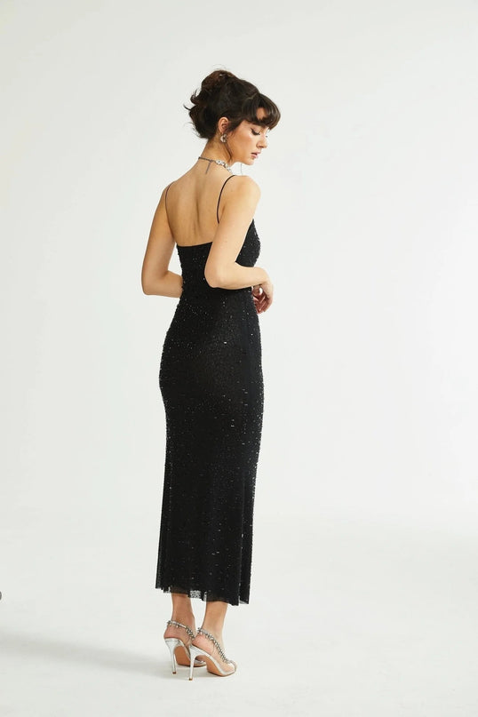 Axelle Black Sequin Embellished Midi Dress with Spaghetti Straps