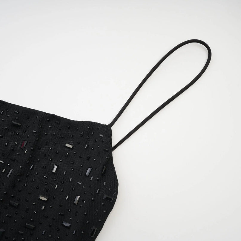 Axelle Black Sequin Embellished Midi Dress with Spaghetti Straps