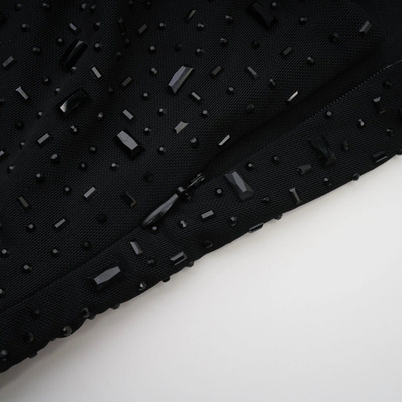 Axelle Black Sequin Embellished Midi Dress with Spaghetti Straps