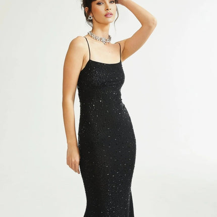 Axelle Black Sequin Embellished Midi Dress with Spaghetti Straps