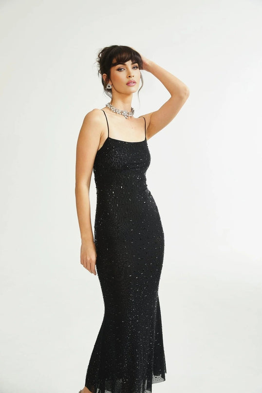 Axelle Black Sequin Embellished Midi Dress with Spaghetti Straps