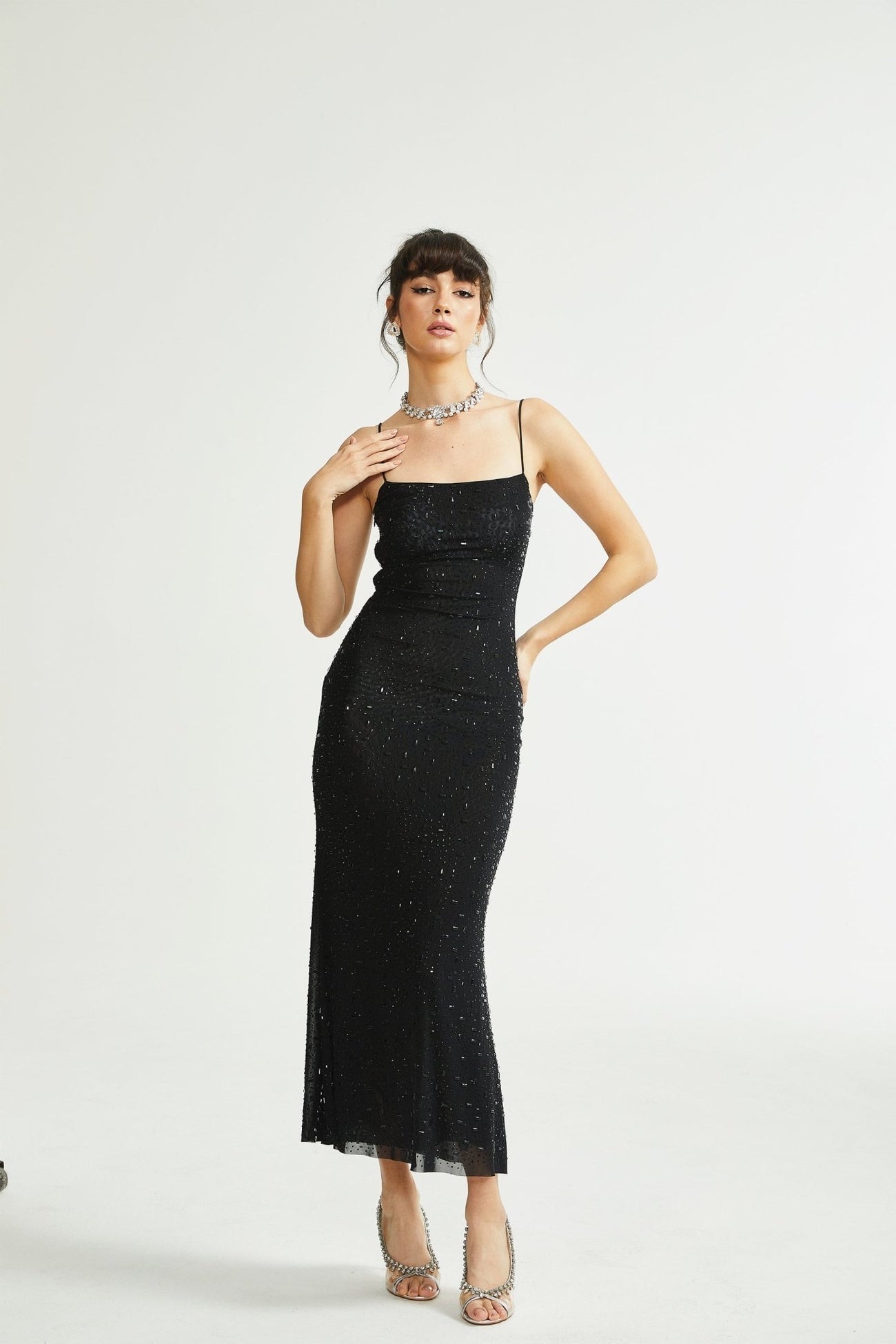 Axelle Neutral Sequin Embellished Midi Dress with Spaghetti Straps - Neutrals