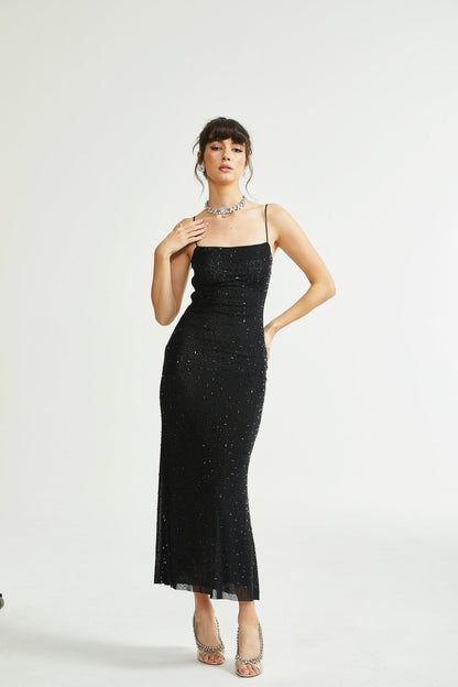 Axelle Neutral Sequin Embellished Midi Dress with Spaghetti Straps - Neutrals