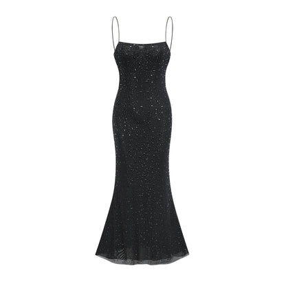 Axelle Neutral Sequin Embellished Midi Dress with Spaghetti Straps - Neutrals