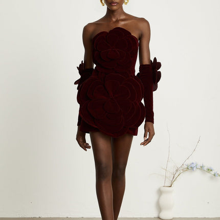 Azura Red Off-shoulder Mini Dress with 3D Velvet Flower Appliqués