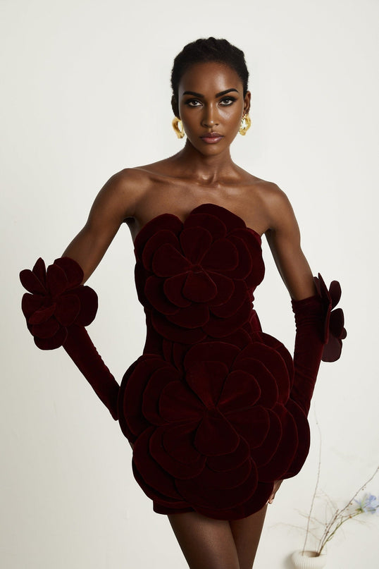 Azura Red Off-shoulder Mini Dress with 3D Velvet Flower Appliqués