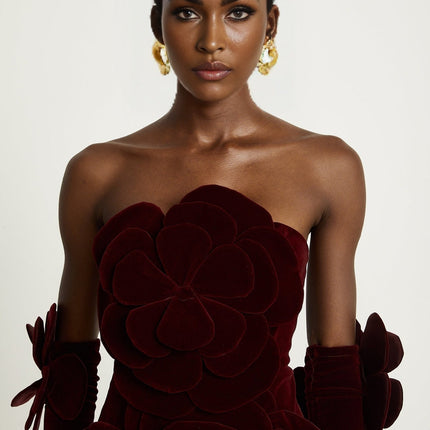 Azura Red Off-shoulder Mini Dress with 3D Velvet Flower Appliqués