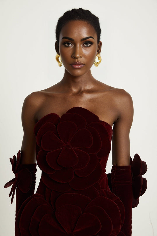 Azura Red Off-shoulder Mini Dress with 3D Velvet Flower Appliqués