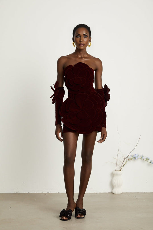 Azura Red Velvet Flower Off-shoulder Mini Dress