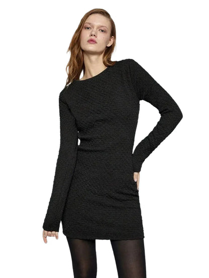 Skylar Short Dress with Textured Fabric in Black - modified image
