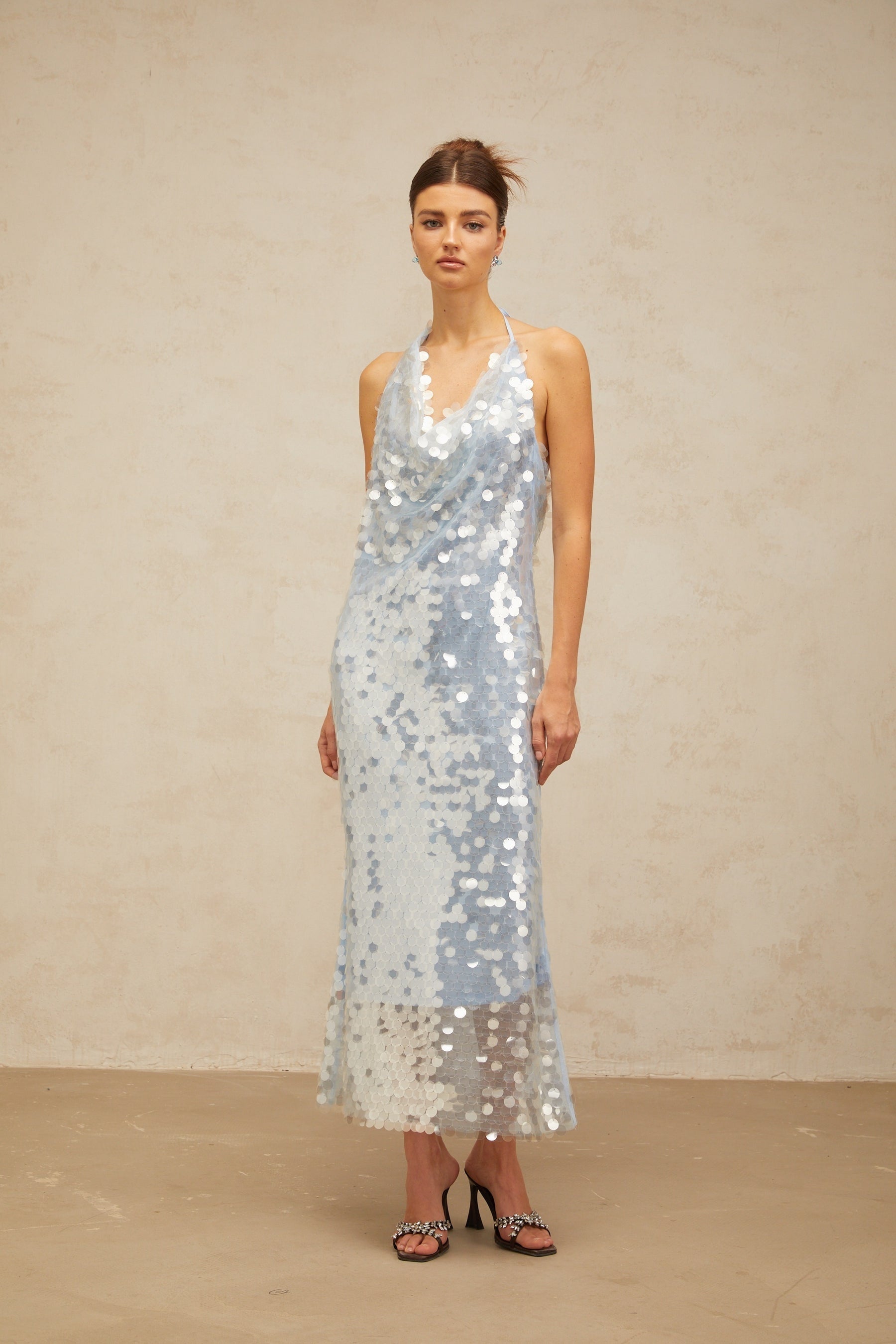 Babette blue halterneck sequined midi dress