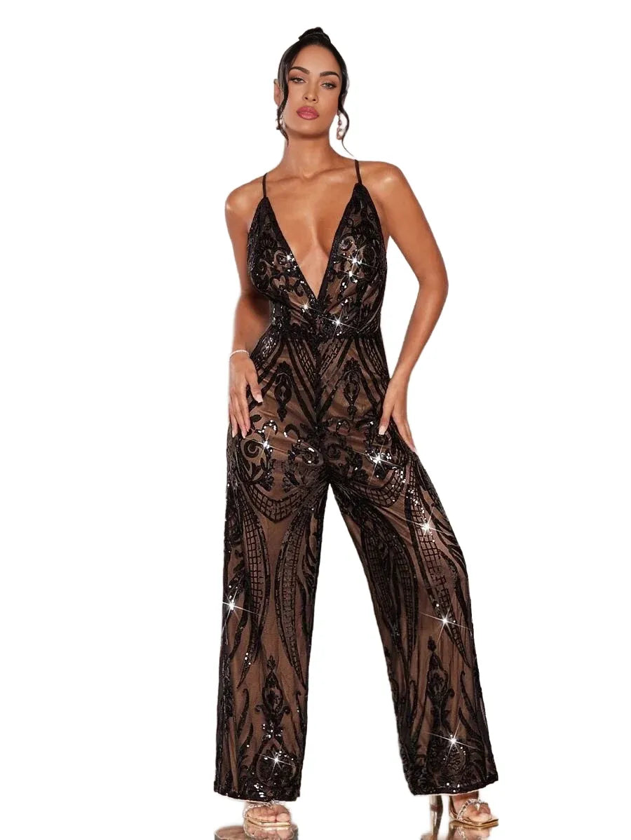BAE Crisscross Lace Up Backless Sequin Cami Jumpsuit