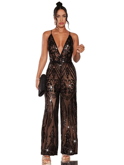 BAE Crisscross Lace Up Backless Sequin Cami Jumpsuit