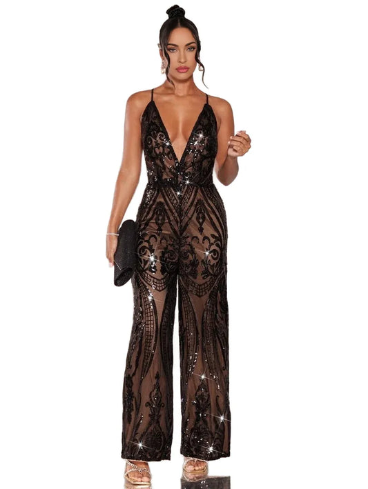 BAE Crisscross Lace Up Backless Sequin Cami Jumpsuit