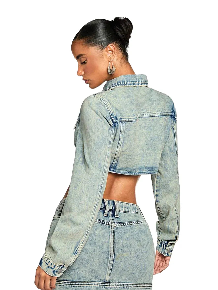 BAE Womens Casual Street Chic Flap Detail Curved Hem Cropped Denim Jacket