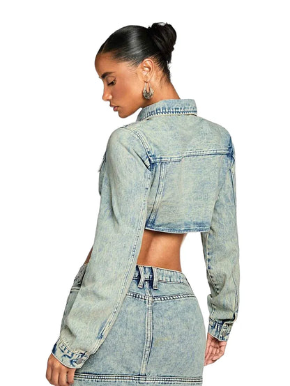 BAE Womens Casual Street Chic Flap Detail Curved Hem Cropped Denim Jacket