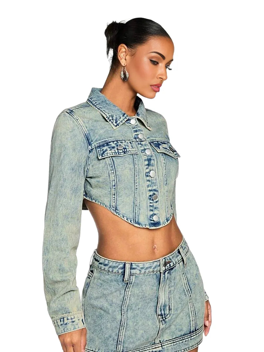 BAE Womens Casual Street Chic Flap Detail Curved Hem Cropped Denim Jacket