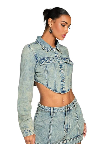 BAE Womens Casual Street Chic Flap Detail Curved Hem Cropped Denim Jacket