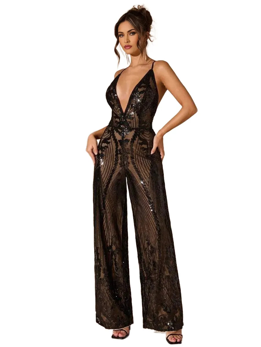 BAE Womens Deep VNeck Party Sequin Wide Leg Jumpsuit