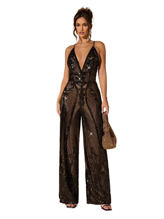 BAE Womens Deep VNeck Party Sequin Wide Leg Jumpsuit