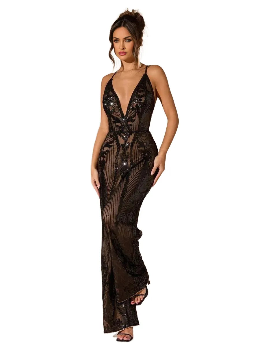 BAE Womens Deep VNeck Party Sequin Wide Leg Jumpsuit