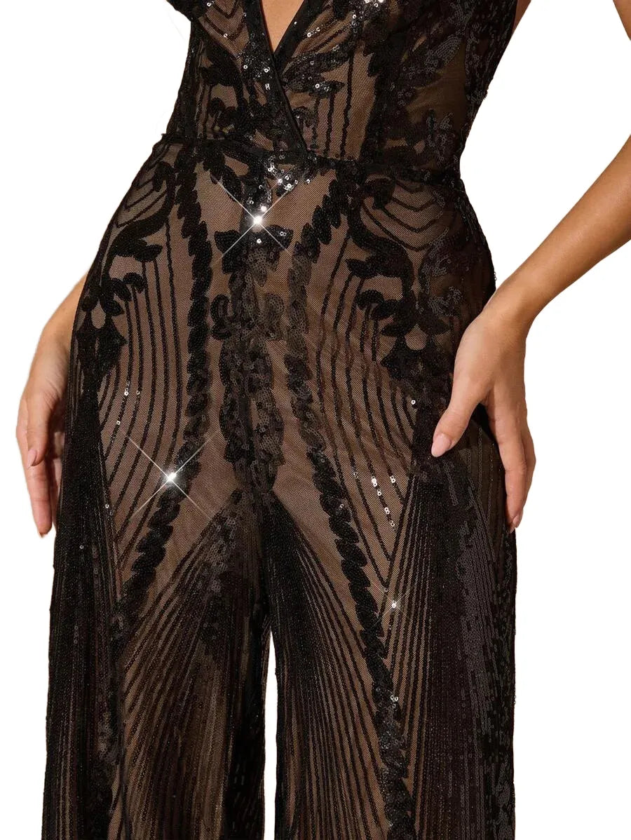 BAE Womens Deep VNeck Party Sequin Wide Leg Jumpsuit