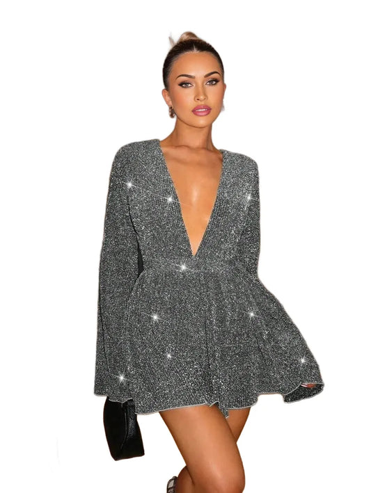 BAE Womens Gorgeous Elegant Deep V Neck Glittery Bell Sleeve Jumpsuit Fashionable For Party amp