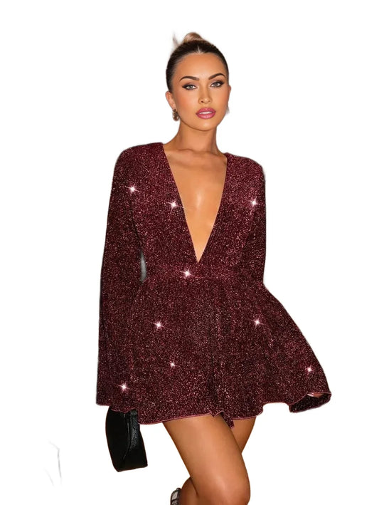 BAE Womens Gorgeous Elegant Deep V Neck Glittery Bell Sleeve Jumpsuit Fashionable For Party amp