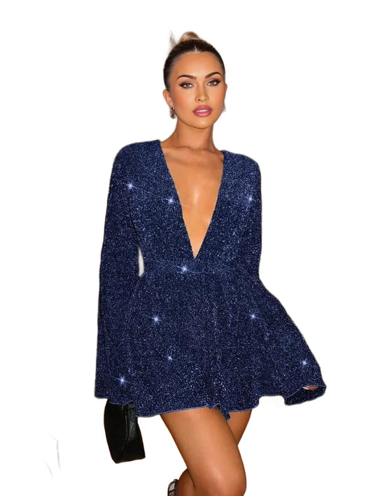 BAE Womens Gorgeous Elegant Deep V Neck Glittery Bell Sleeve Jumpsuit Fashionable For Party amp