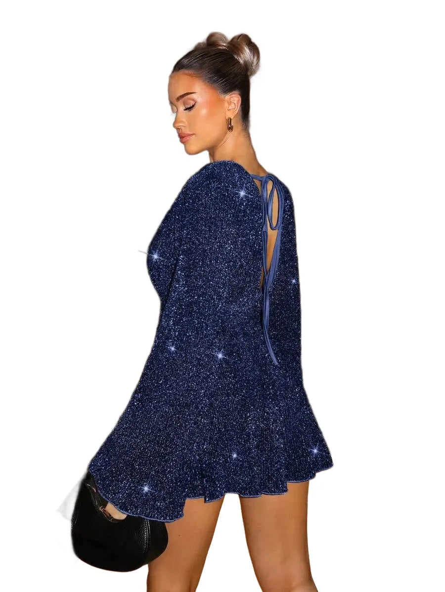 BAE Womens Gorgeous Elegant Deep V Neck Glittery Bell Sleeve Jumpsuit Fashionable For Party amp