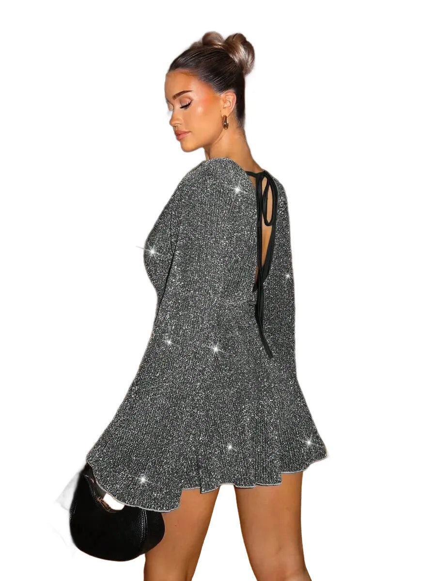 BAE Womens Gorgeous Elegant Deep V Neck Glittery Bell Sleeve Jumpsuit Fashionable For Party amp
