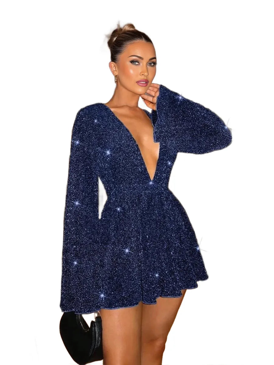 BAE Womens Gorgeous Elegant Deep V Neck Glittery Bell Sleeve Jumpsuit Fashionable For Party amp