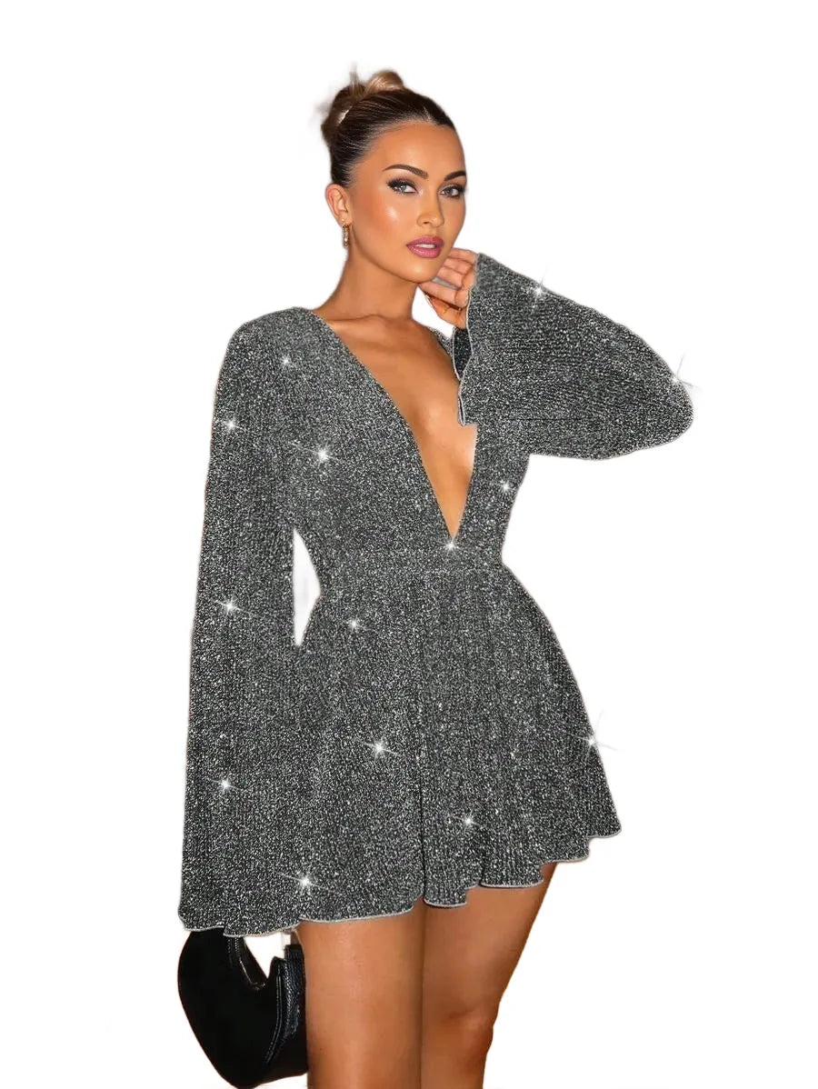 BAE Womens Gorgeous Elegant Deep V Neck Glittery Bell Sleeve Jumpsuit Fashionable For Party amp