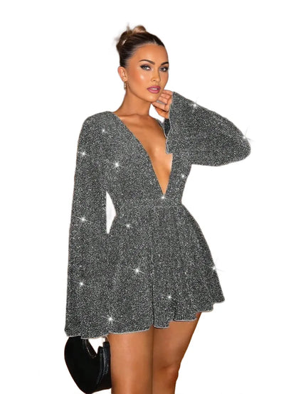 BAE Womens Gorgeous Elegant Deep V Neck Glittery Bell Sleeve Jumpsuit Fashionable For Party amp