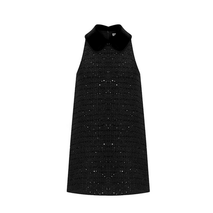 Sleeveless A-line dress with a velvet collar, shimmering details, and a flattering silhouette. Made from 94.3% polyester, 5.7% wool, with 92% polyester, 8% spandex accents, and lined with 100% polyester