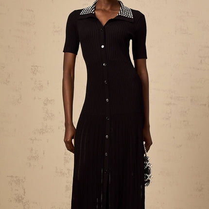 Bailey Black Knitted Midi Dress with Stud Embellishment and Front Button Fastening
