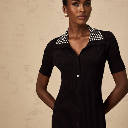 Bailey Black Knitted Midi Dress with Stud Embellishment and Front Button Fastening