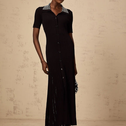 Bailey Black Knitted Midi Dress with Stud Embellishment and Front Button Fastening