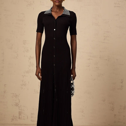Bailey Black Knitted Midi Dress with Stud Embellishment and Front Button Fastening