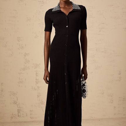 Bailey Black Knitted Midi Dress with Stud Embellishment and Front Button Fastening